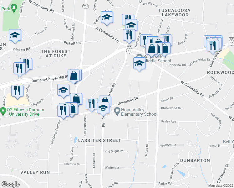 map of restaurants, bars, coffee shops, grocery stores, and more near 2914 Monroe Avenue in Durham