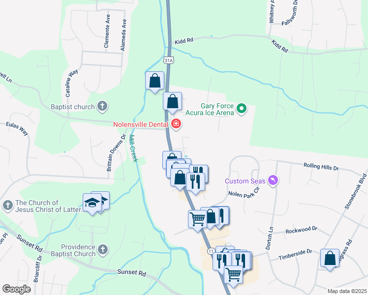 map of restaurants, bars, coffee shops, grocery stores, and more near 7158 Nolensville Road in Nolensville