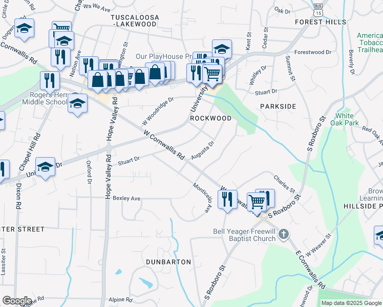 map of restaurants, bars, coffee shops, grocery stores, and more near 2716 Augusta Drive in Durham