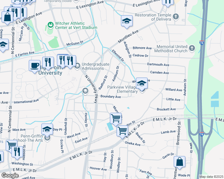 map of restaurants, bars, coffee shops, grocery stores, and more near 510 Ashburn Street in High Point
