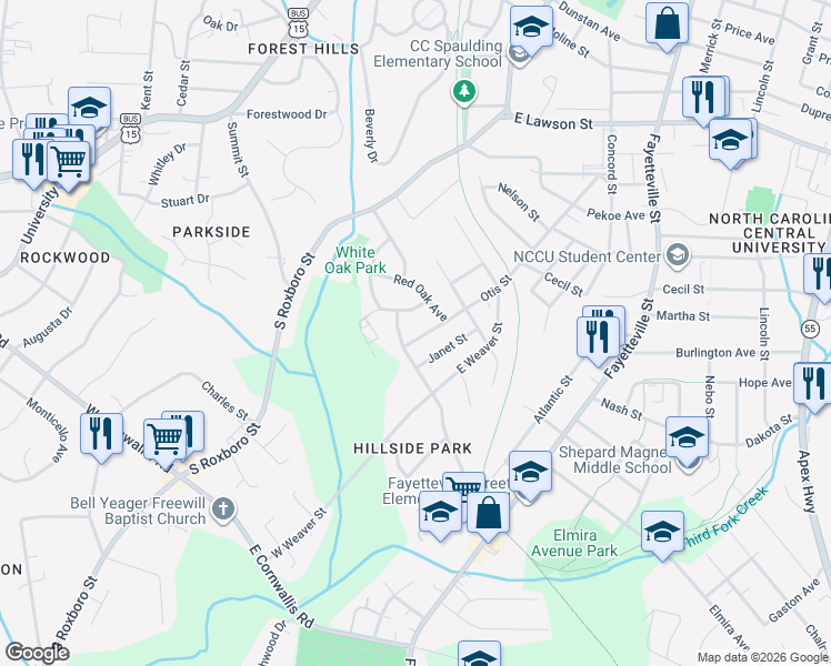 map of restaurants, bars, coffee shops, grocery stores, and more near 2510 Otis Street in Durham