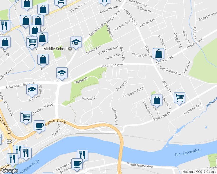 map of restaurants, bars, coffee shops, grocery stores, and more near 1825 Laurans Avenue in Knoxville