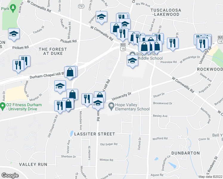 map of restaurants, bars, coffee shops, grocery stores, and more near 2914 Monroe Avenue in Durham