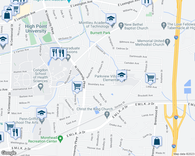map of restaurants, bars, coffee shops, grocery stores, and more near 508 Ashburn Street in High Point
