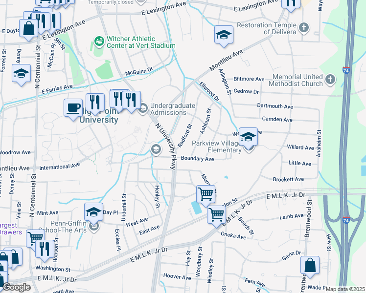map of restaurants, bars, coffee shops, grocery stores, and more near 508 Radford Street in High Point