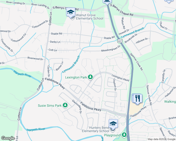 map of restaurants, bars, coffee shops, grocery stores, and more near 2110 Wimbledon Circle in Franklin