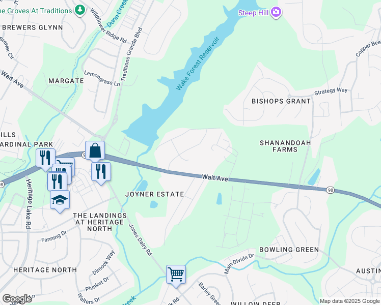 map of restaurants, bars, coffee shops, grocery stores, and more near 210 Stone Park Drive in Wake Forest