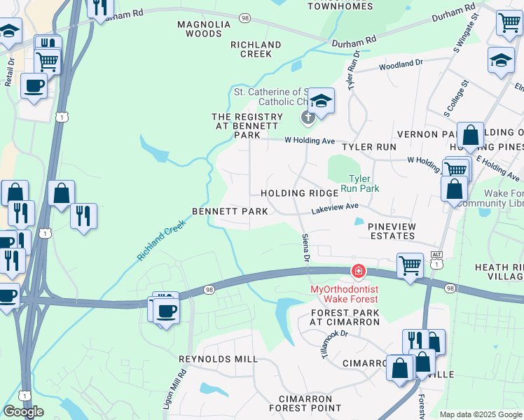map of restaurants, bars, coffee shops, grocery stores, and more near 704 Little Tall Way in Wake Forest