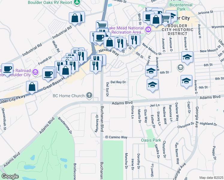 map of restaurants, bars, coffee shops, grocery stores, and more near 871 Armada Place in Boulder City