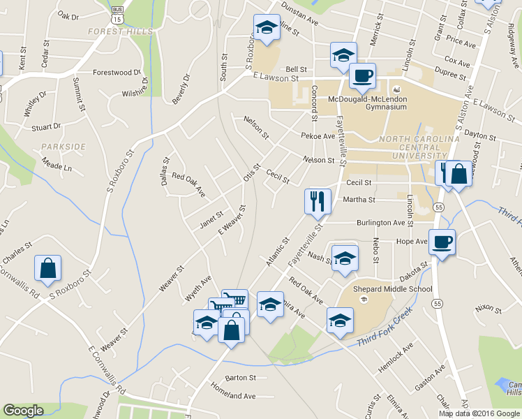 map of restaurants, bars, coffee shops, grocery stores, and more near 2300 Fitzgerald Avenue in Durham
