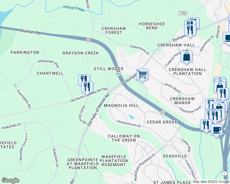 map of restaurants, bars, coffee shops, grocery stores, and more near 3912 Cathedral Bell Road in Raleigh