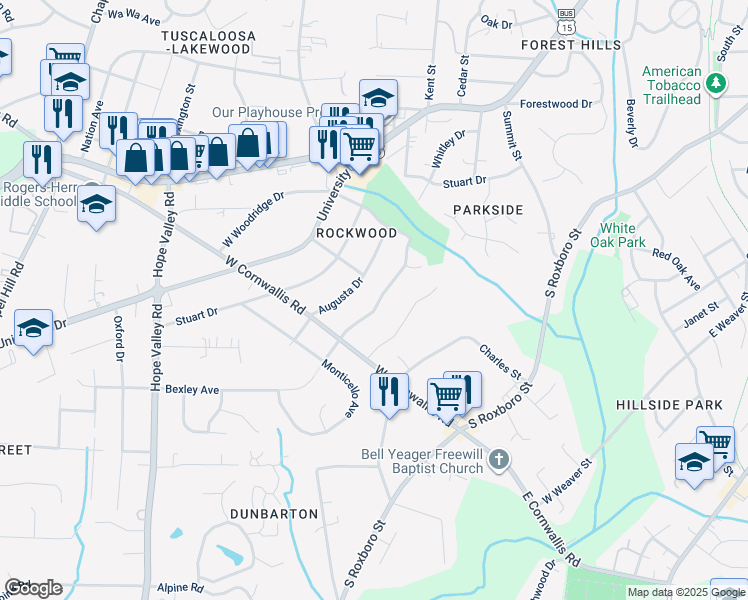 map of restaurants, bars, coffee shops, grocery stores, and more near 2710 East Shoreham Street in Durham
