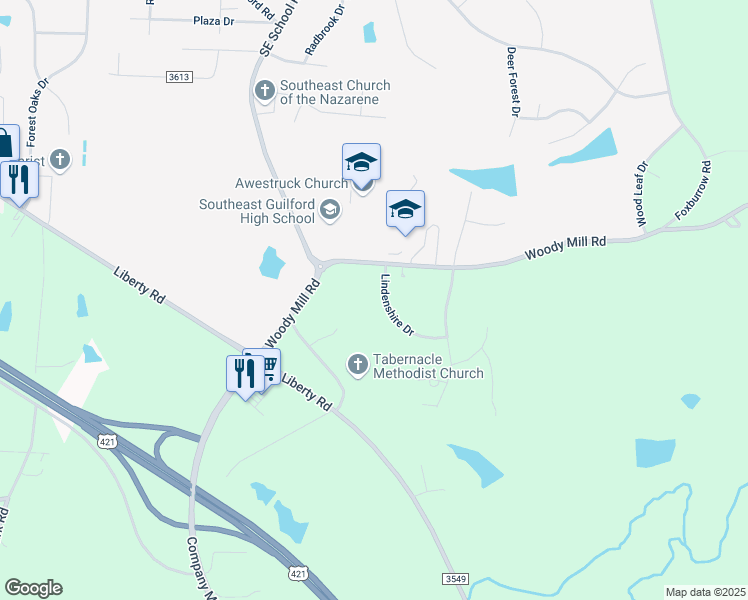 map of restaurants, bars, coffee shops, grocery stores, and more near 5604 Lindenshire Drive in Greensboro