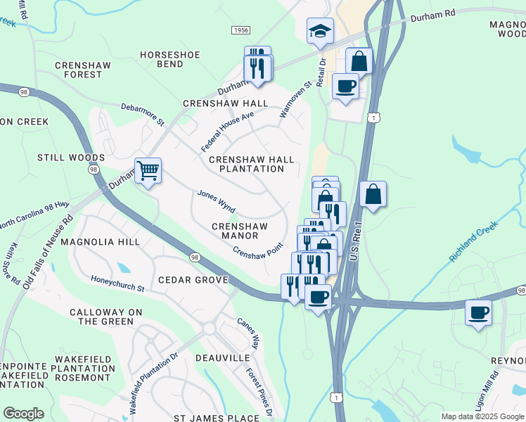 map of restaurants, bars, coffee shops, grocery stores, and more near 956 Jones Wynd in Wake Forest