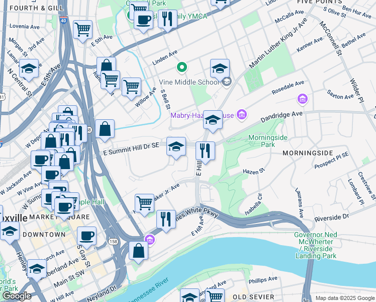 map of restaurants, bars, coffee shops, grocery stores, and more near 991 East Hill Avenue in Knoxville