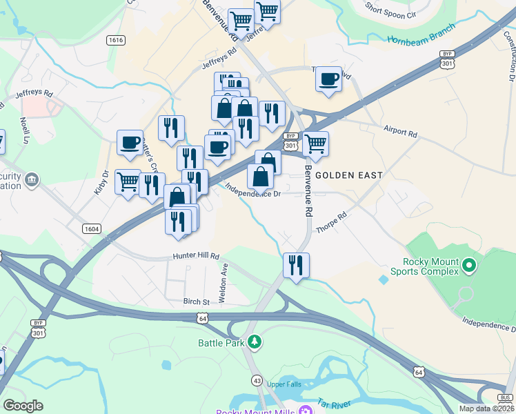 map of restaurants, bars, coffee shops, grocery stores, and more near 1247 Independence Drive in Rocky Mount