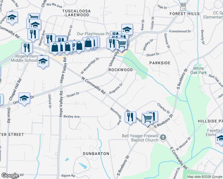 map of restaurants, bars, coffee shops, grocery stores, and more near 2716 Augusta Drive in Durham