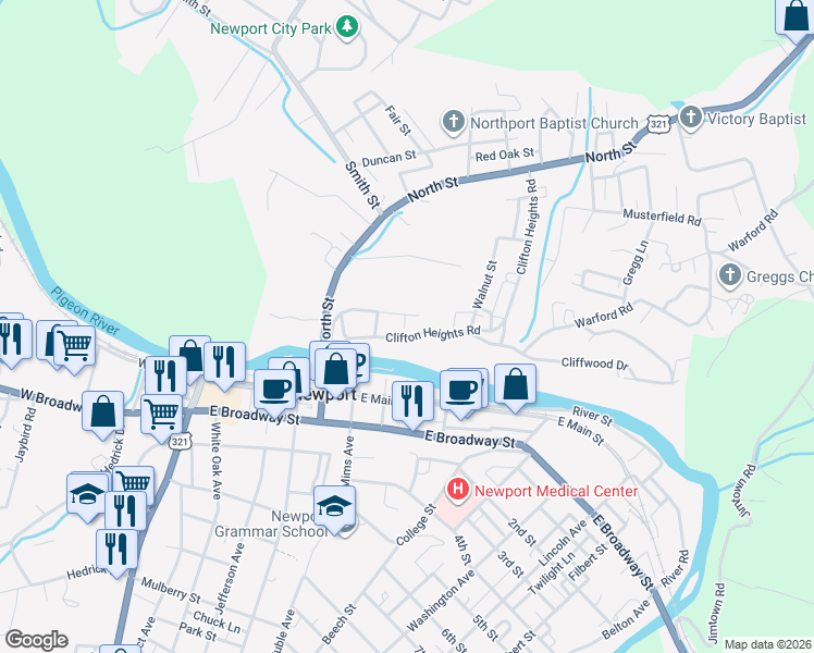map of restaurants, bars, coffee shops, grocery stores, and more near 240 Clifton Heights Road in Newport