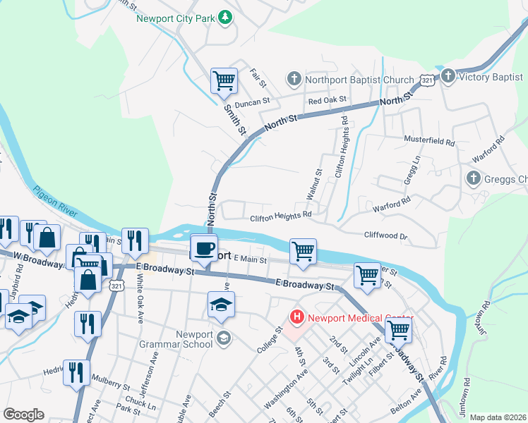 map of restaurants, bars, coffee shops, grocery stores, and more near 240 Clifton Heights Road in Newport