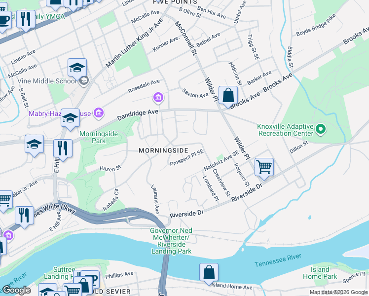 map of restaurants, bars, coffee shops, grocery stores, and more near 904 Morningside Drive in Knoxville
