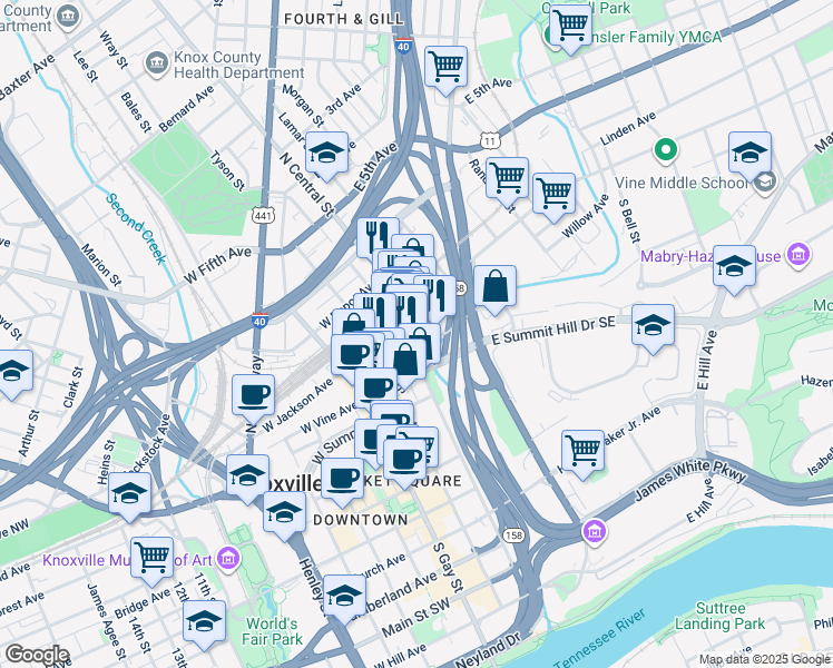 map of restaurants, bars, coffee shops, grocery stores, and more near 219 Willow Avenue in Knoxville