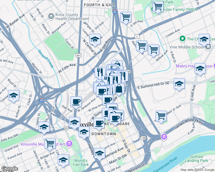 map of restaurants, bars, coffee shops, grocery stores, and more near 118 West Jackson Avenue in Knoxville