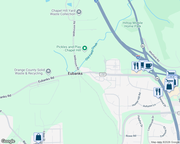map of restaurants, bars, coffee shops, grocery stores, and more near 1678 Eubanks Road in Chapel Hill