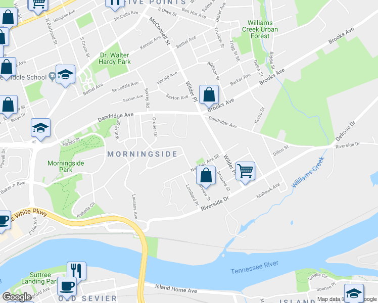 map of restaurants, bars, coffee shops, grocery stores, and more near 1112 Crestview Street in Knoxville