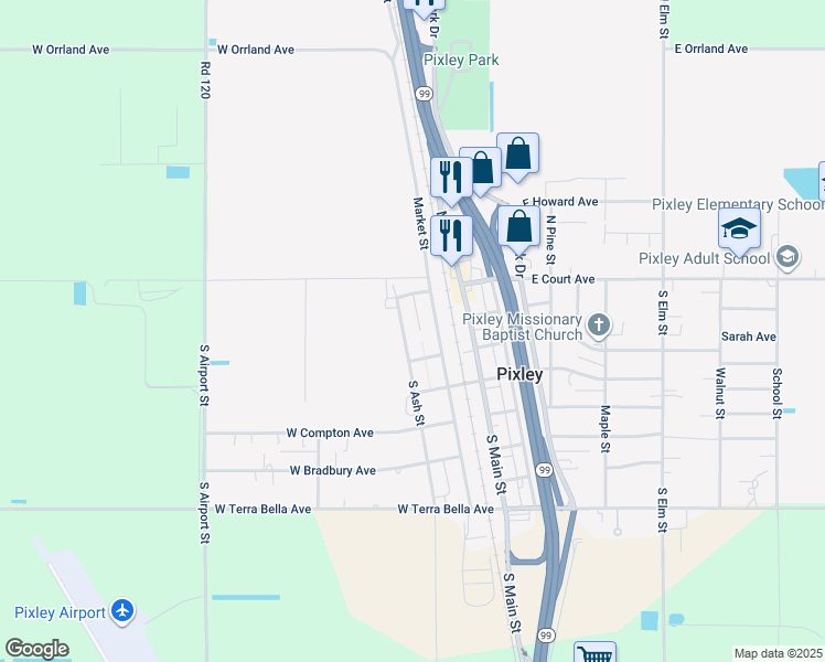 map of restaurants, bars, coffee shops, grocery stores, and more near 251-499 South Ash Street in Pixley
