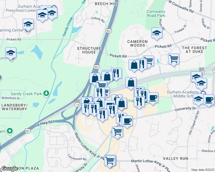 map of restaurants, bars, coffee shops, grocery stores, and more near 4010 Durham-Chapel Hill Boulevard in Durham