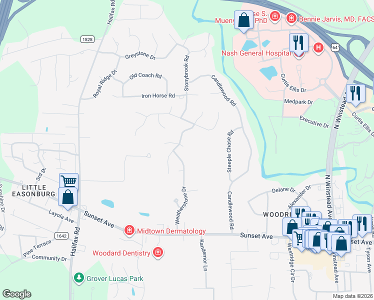 map of restaurants, bars, coffee shops, grocery stores, and more near 104 Autumn Ct in Rocky Mt