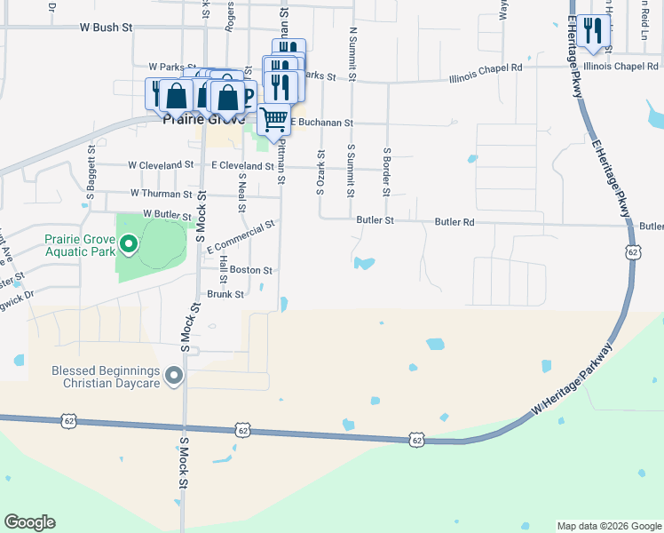 map of restaurants, bars, coffee shops, grocery stores, and more near 609 Butler Road in Prairie Grove