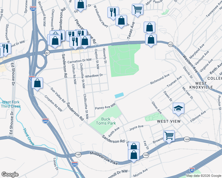 map of restaurants, bars, coffee shops, grocery stores, and more near 2400 Waverly Street in Knoxville