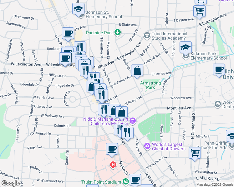 map of restaurants, bars, coffee shops, grocery stores, and more near 1009 North Hamilton Street in High Point