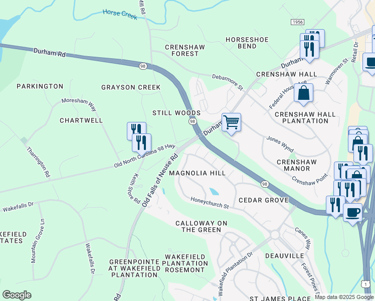 map of restaurants, bars, coffee shops, grocery stores, and more near 3912 Cathedral Bell Road in Raleigh