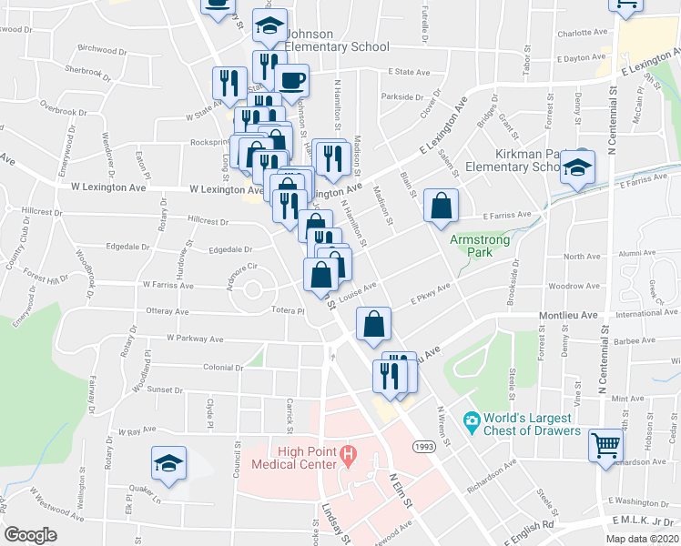 map of restaurants, bars, coffee shops, grocery stores, and more near 1011 Johnson Street in High Point