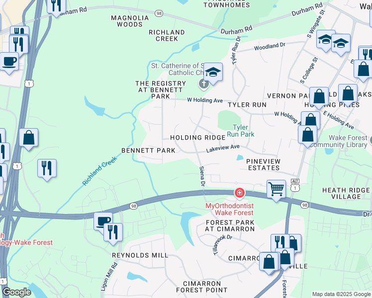 map of restaurants, bars, coffee shops, grocery stores, and more near 608 Lakeview Avenue in Wake Forest