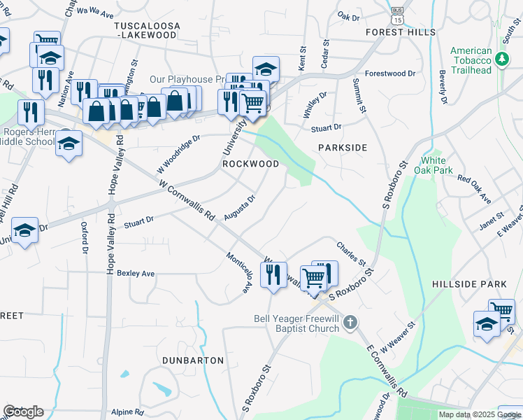 map of restaurants, bars, coffee shops, grocery stores, and more near 2710 East Shoreham Street in Durham