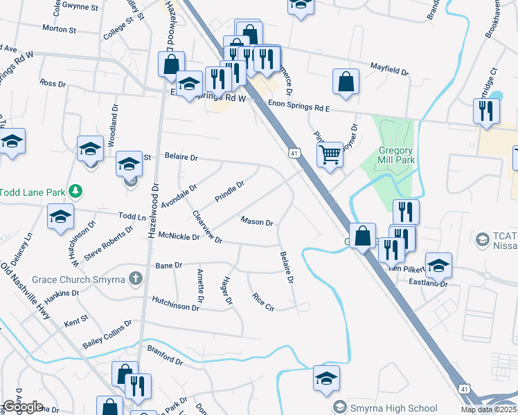 map of restaurants, bars, coffee shops, grocery stores, and more near 214 McNickle Drive in Smyrna