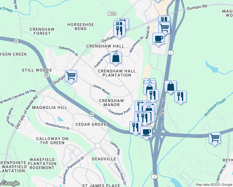 map of restaurants, bars, coffee shops, grocery stores, and more near 956 Jones Wynd in Wake Forest