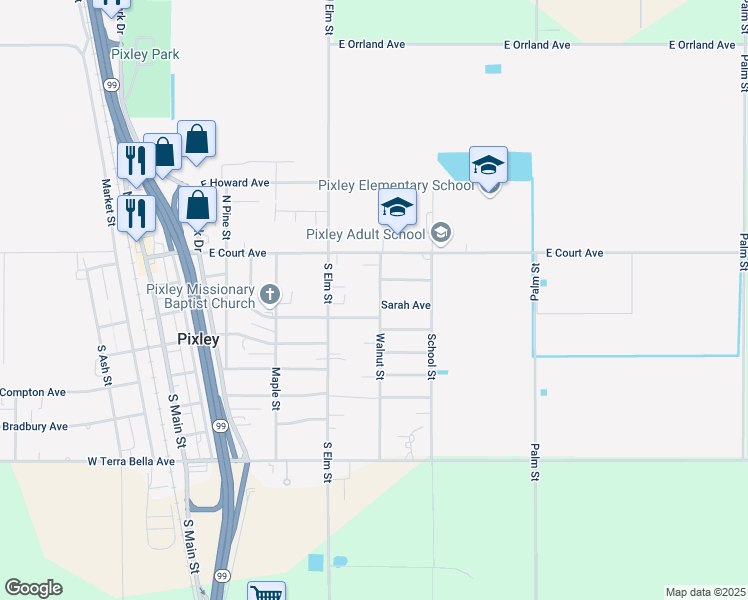 map of restaurants, bars, coffee shops, grocery stores, and more near 321 Walnut Street in Pixley