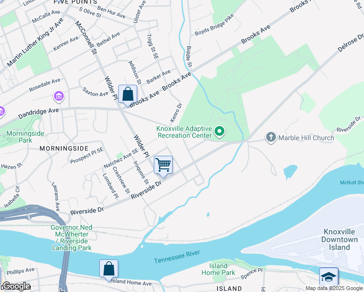 map of restaurants, bars, coffee shops, grocery stores, and more near 1729 Birdsong Street in Knoxville