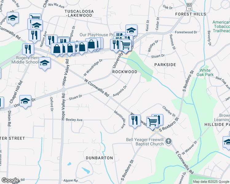 map of restaurants, bars, coffee shops, grocery stores, and more near 2716 Augusta Drive in Durham