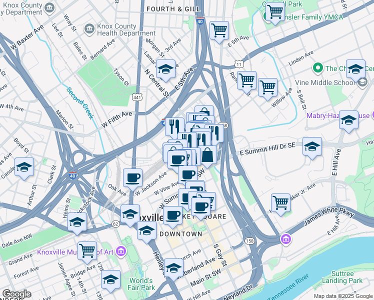 map of restaurants, bars, coffee shops, grocery stores, and more near 118 West Jackson Avenue in Knoxville