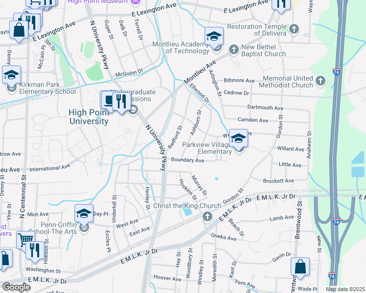 map of restaurants, bars, coffee shops, grocery stores, and more near 511 Ashburn Street in High Point