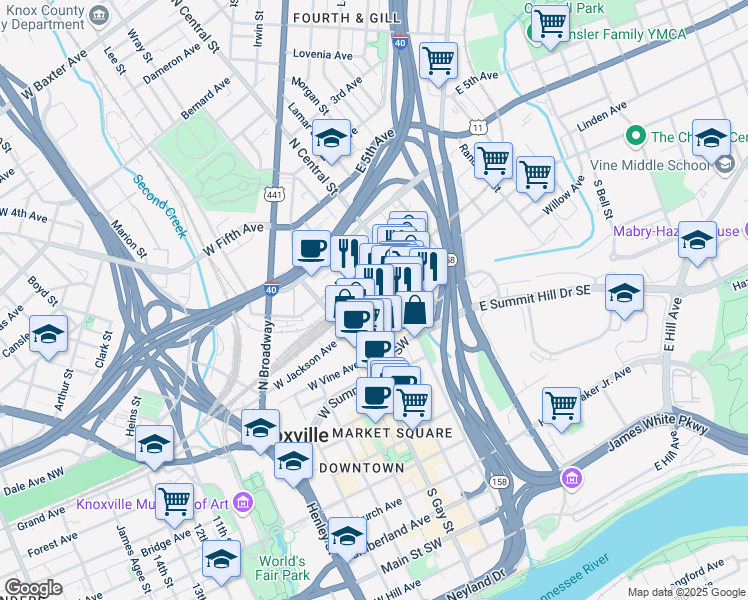 map of restaurants, bars, coffee shops, grocery stores, and more near 118 West Jackson Avenue in Knoxville