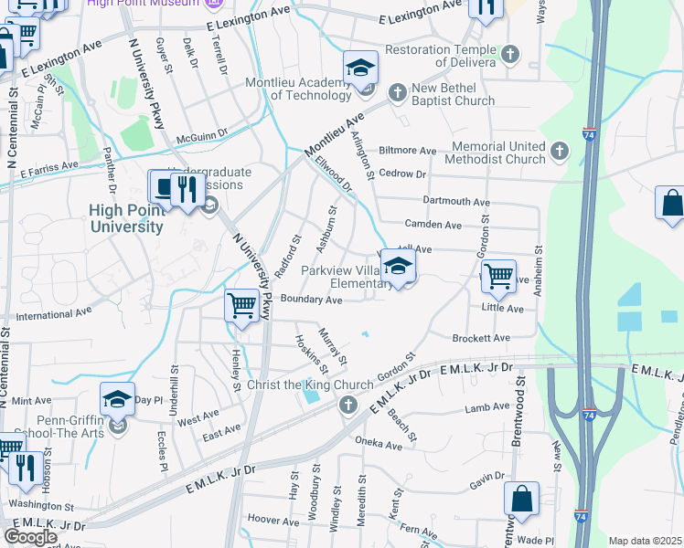 map of restaurants, bars, coffee shops, grocery stores, and more near 512 Ellwood Drive in High Point