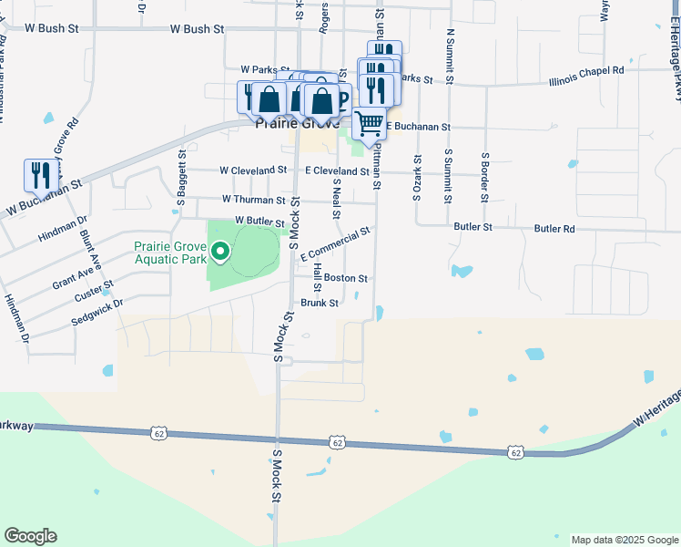 map of restaurants, bars, coffee shops, grocery stores, and more near 510 S Neal St in Prairie Grove
