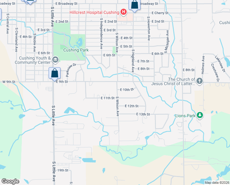map of restaurants, bars, coffee shops, grocery stores, and more near 1107 South Wilson Avenue in Cushing