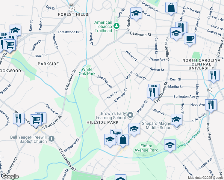 map of restaurants, bars, coffee shops, grocery stores, and more near 2501 Otis Street in Durham